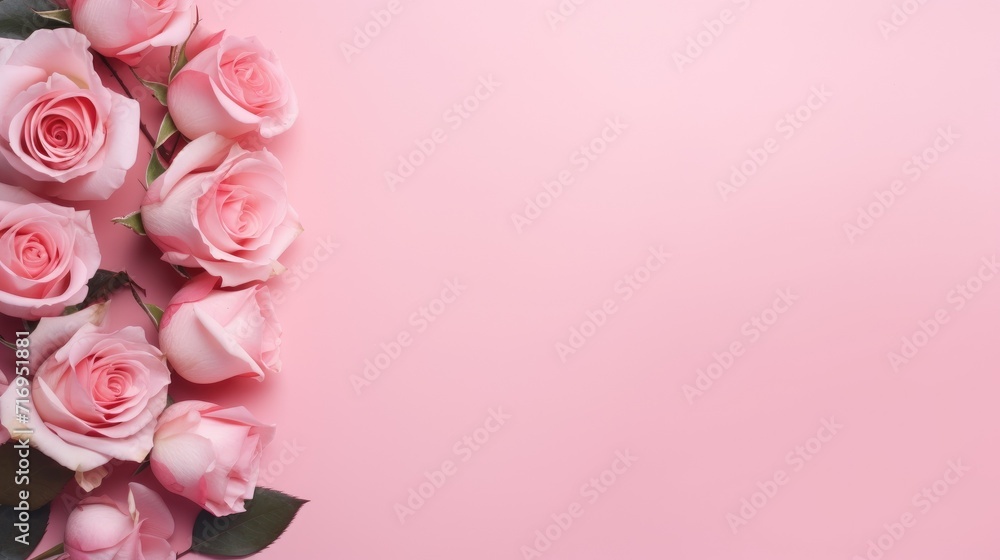 rose flower on pink background. banner, space for text, for product display. Flat lay, top view, copy space. Mother's Day celebration, Valentine's Day rose flower on pink background. banner, space for text, for product display. Flat lay, top view, copy space. Mother's Day celebration, Valentine's Day