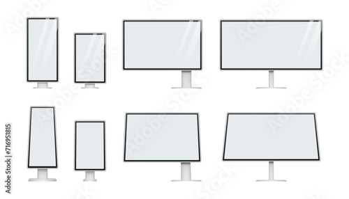 Set of blank outdoor advertising billboards and citylight. Street advertising light display mockup. Light box template on white background.