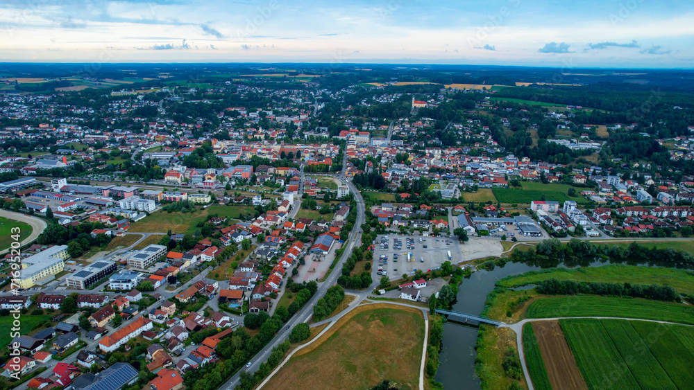 Aerial view around the city Pfarrkirchen on a cloudy afternoon in late Spring in Germany
