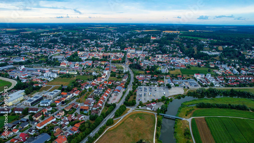 Aerial view around the city Pfarrkirchen on a cloudy afternoon in late Spring in Germany