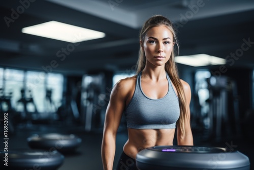 Portrait of a fitness girl in her 20s doing bosu ball exercises in a gym. With generative AI technology