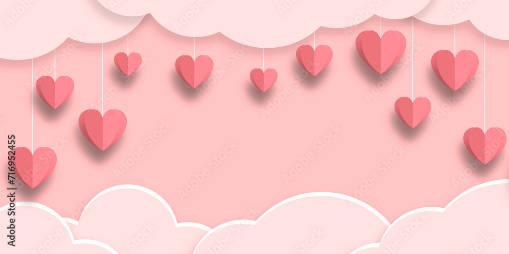 Pink background with red hearts and clouds. Concept, banner, mockup, template, Valentine's Day. Copy space. Pink background with red hearts and clouds. Concept, banner, mockup, template, Valentine's Day. Copy space.