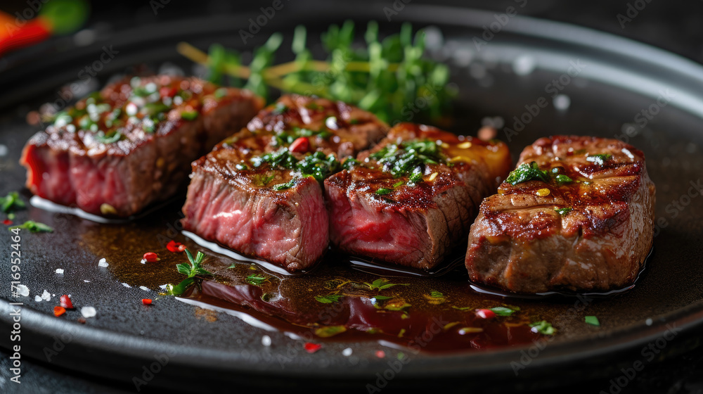 Grilled beef steak with rosemary served , creating a delicious and gourmet dinner