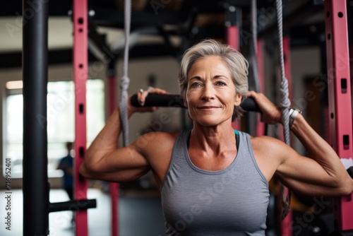 Portrait of a focused mature woman practicing rope climb in a gym. With generative AI technology
