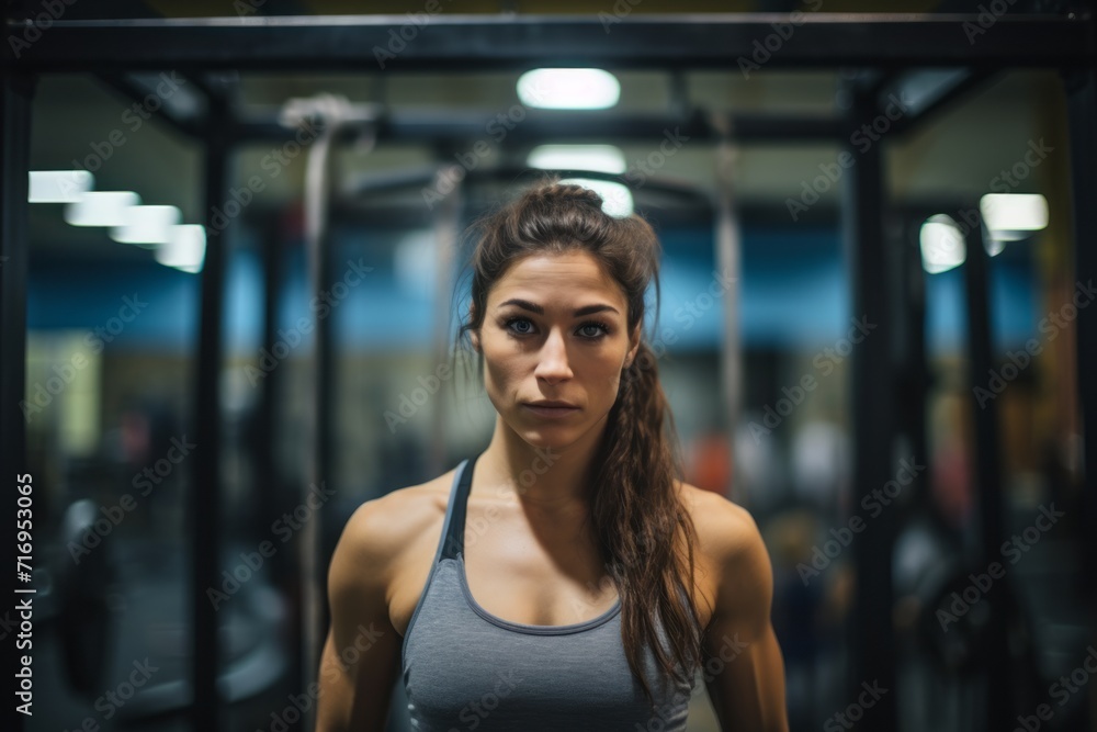 Portrait of a tired girl in her 30s practicing pull ups in a gym. With generative AI technology Portrait of a tired girl in her 30s practicing pull ups in a gym. With generative AI technology