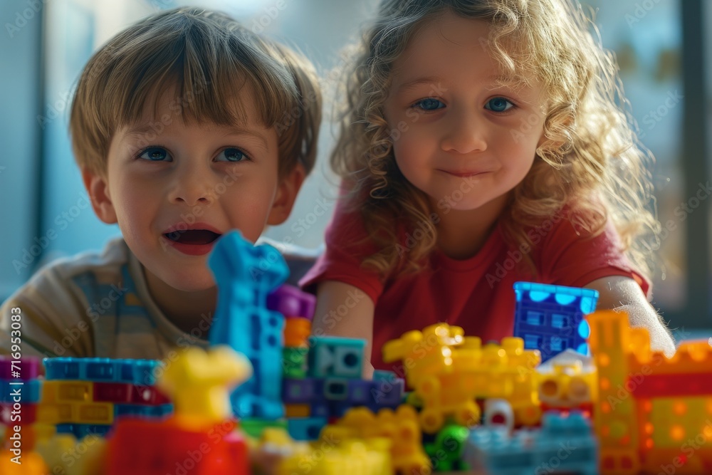 Happy kids immersed in the enjoyment of an exciting array of playful, colorful toys. Happy kids immersed in the enjoyment of an exciting array of playful, colorful toys.