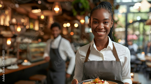 female waitress smiling and holding a plate of food