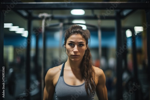 Portrait of a tired girl in her 30s practicing pull ups in a gym. With generative AI technology
