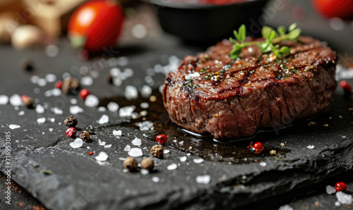 A food photo of a tasty steak on a stone , salt , spicy