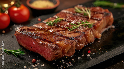 A food photo of a tasty steak on a stone , salt , spicy photo