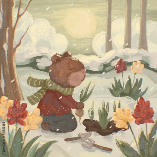 Brown bear plants flowers in early spring, cartoon illustration