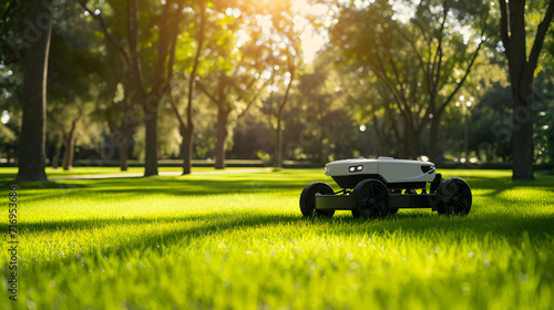 A robotic landscaper autonomously maintaining a large public park. photo