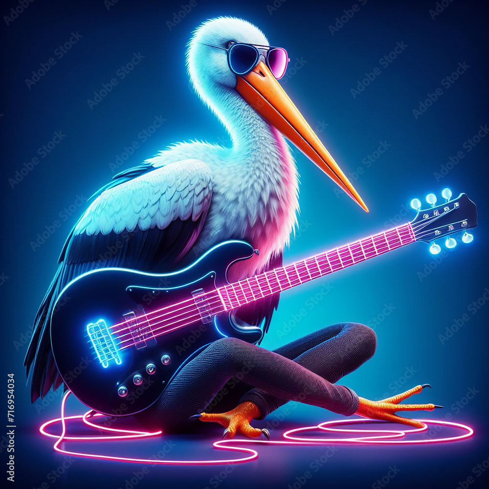 A cartoon of a bird playing a guitar - obrazy, fototapety, plakaty 