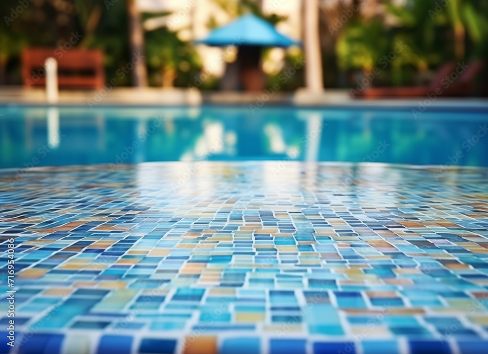 Empty ceramic mosaic table top and blurred swimming pool. 