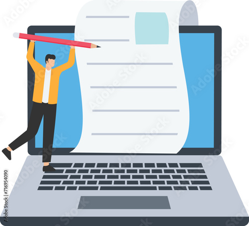 Content writer or blogger, Start new blog writing article online or journalism, Storytelling and social marketing, Woman writing blog on paper

