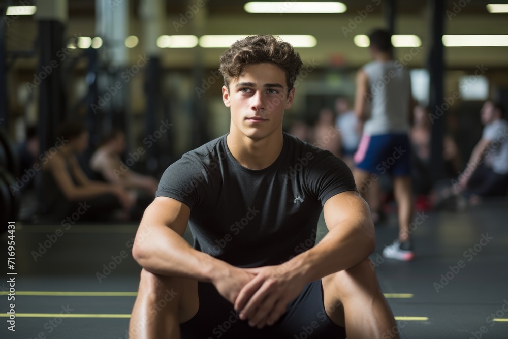 Portrait of a relaxed boy in his 20s doing sit ups in a gym. With generative AI technology Portrait of a relaxed boy in his 20s doing sit ups in a gym. With generative AI technology