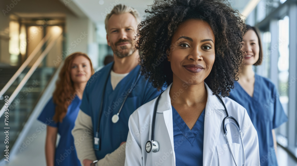 Diverse group of medical professionals, with a doctor in a white lab coat and stethoscope at the forefront, smiling at the camera. Diverse group of medical professionals, with a doctor in a white lab coat and stethoscope at the forefront, smiling at the camera.