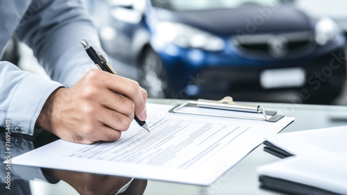 Man signing car insurance document or lease paper. Writing signature on contract or agreement. Buying or selling new vehicle.