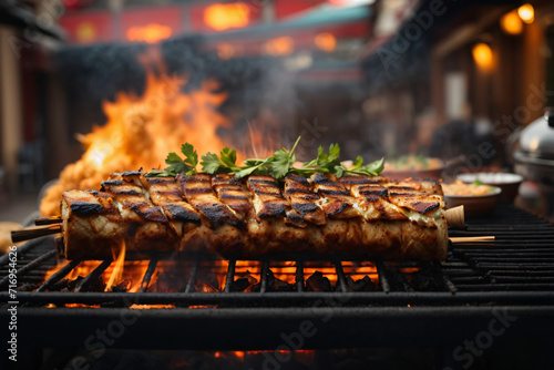 shawarma with fire flame , lamb on a spit. street food. Doner Kebab on a rotating spit. A street food of Turkey photo