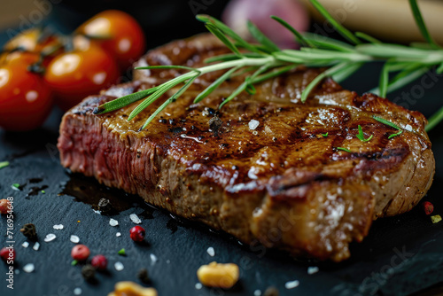Delicious and appetizing looking steak on desktop , daytime natural light