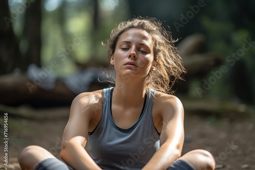 Portrait of an exhausted girl in her 30s doing sit ups outdoors. With generative AI technology