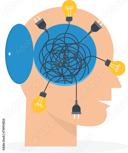 Overthinking, anxiety caused by thinking too much, Lost in chaos decisions, Messed up process or confusion thought, Human head with messy cable, Line of electric plug and lightbulb ideas

