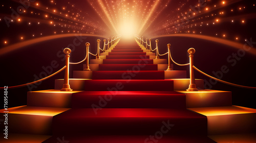 Red carpet on the stairs on dark background  the way to glory  victory and success