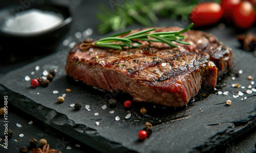 A food photo of a tasty steak on a stone , salt , spicy , hq , macro photo