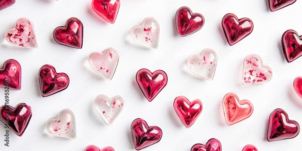 Pink and red shiny hearts on white background. 3d Valentine's day border, copy space. Pink and red shiny hearts on white background. 3d Valentine's day border, copy space.
