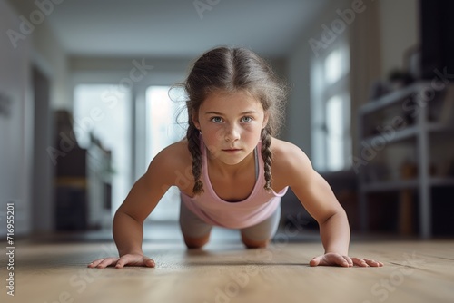 Portrait of a serious kid female doing push ups in an empty room. With generative AI technology