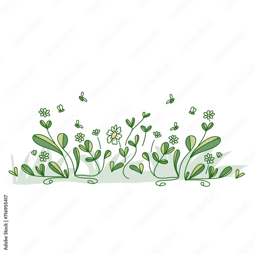 Plants with leaves, doodle illustration. Spring floral background , nature 