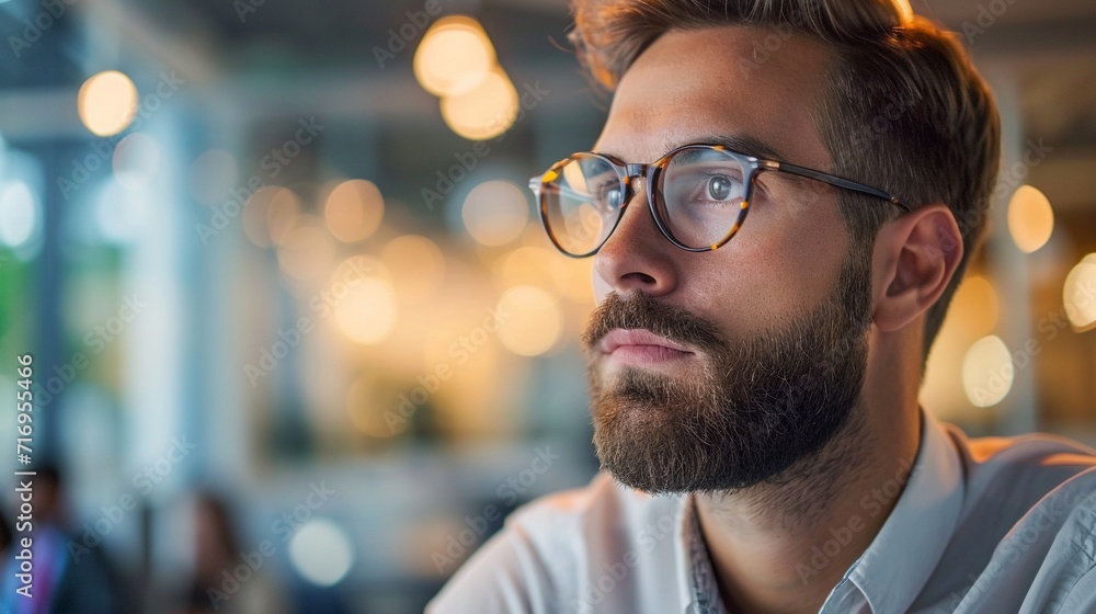 Side view of mid aged ambitious male entrepreneur using laptop computer sitting in modern office. Mature man in framed glasses in smart casual shirt staring the screen seriously, copy space. Side view of mid aged ambitious male entrepreneur using laptop computer sitting in modern office. Mature man in framed glasses in smart casual shirt staring the screen seriously, copy space.