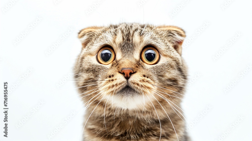 Funny surprised young cat make big eyes closeup isolated on white background, Breed Scottish Fold. - obrazy, fototapety, plakaty 
