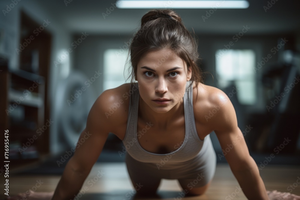 Portrait of a serious girl in her 20s doing push ups in an empty room. With generative AI technology