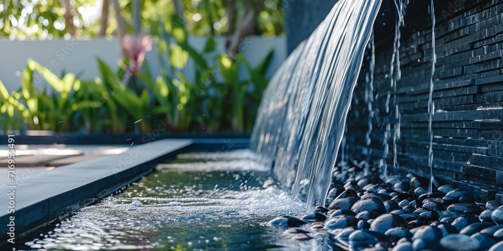Modern outdoor home water feature fountain waterfall as wide banner with copy space area for garden landscape design concepts. - obrazy, fototapety, plakaty 