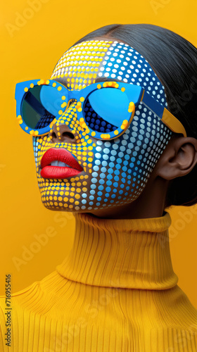 Pop art woman portrait: Minimalist pixels and dots contrast in a modern flat collage. Stylish model with geometric makeup on a vibrant flat background, influenced by pop art aesthetics.