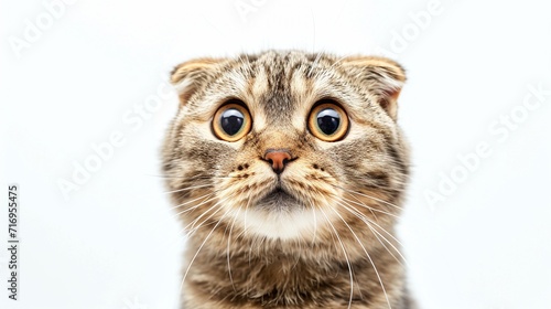 Funny surprised young cat make big eyes closeup isolated on white background, Breed Scottish Fold. photo
