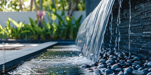 Modern outdoor home water feature fountain waterfall as wide banner with copy space area for garden landscape design concepts.