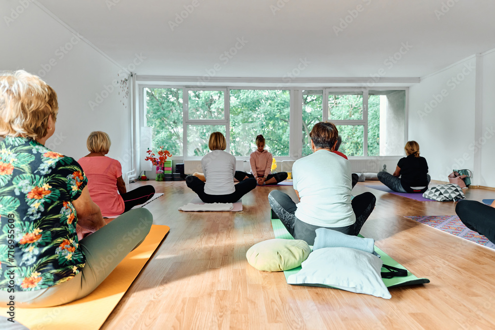 © .shock - A group of senior women engage in various yoga exercises, including neck, back, and leg stretches, under the guidance of a trainer in a sunlit space, promoting well-being and harmony © .shock - A group of senior women engage in various yoga exercises, including neck, back, and leg stretches, under the guidance of a trainer in a sunlit space, promoting well-being and harmony