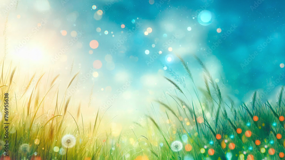 Sunny meadow with grass, flowers and bokeh background