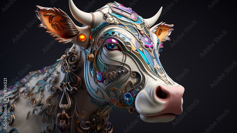 Painting color cow in dark room background Ai