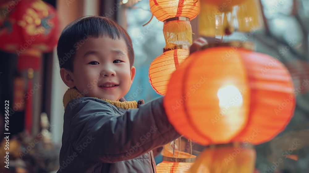 Fototapeta premium Pretty little boy hanging Chinese lanterns with new year wishes together with mom, decorate home before holiday, concept of celebrating Chinese new year, Spring festival home decoration.