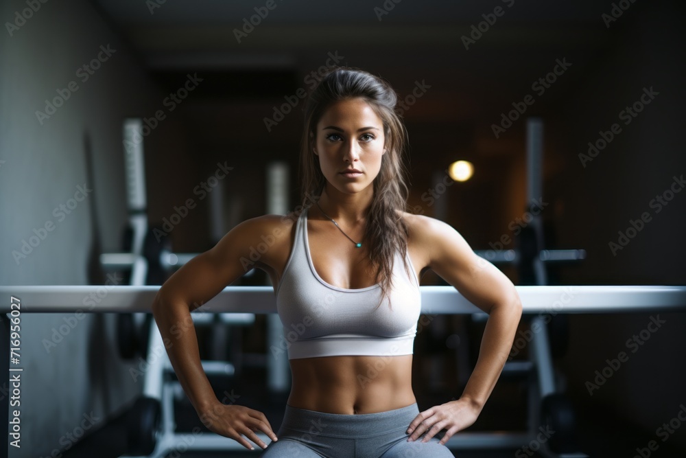 Portrait of an active girl in her 20s practicing weight bench in an empty room. With generative AI technology Portrait of an active girl in her 20s practicing weight bench in an empty room. With generative AI technology