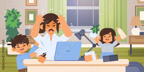 Asian mother distracted from work by children in home office. Angry freelancer flat vector illustration