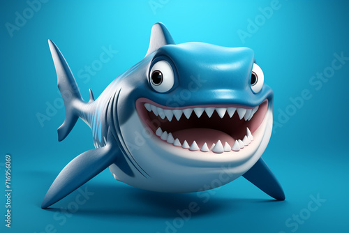 Shark character with mouth open on blue background.