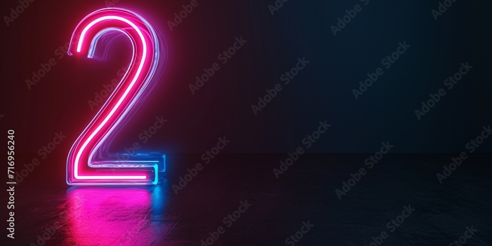 3d neon light number two glowing in the dark, pink blue neon light digital number 2, copy space. 3d neon light number two glowing in the dark, pink blue neon light digital number 2, copy space.