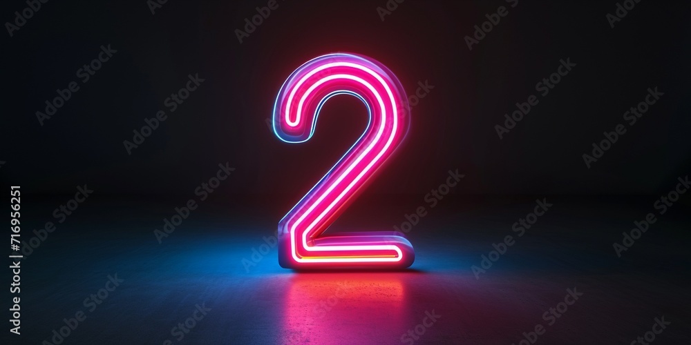 3d neon light number two glowing in the dark, pink blue neon light digital number 2, copy space. 3d neon light number two glowing in the dark, pink blue neon light digital number 2, copy space.