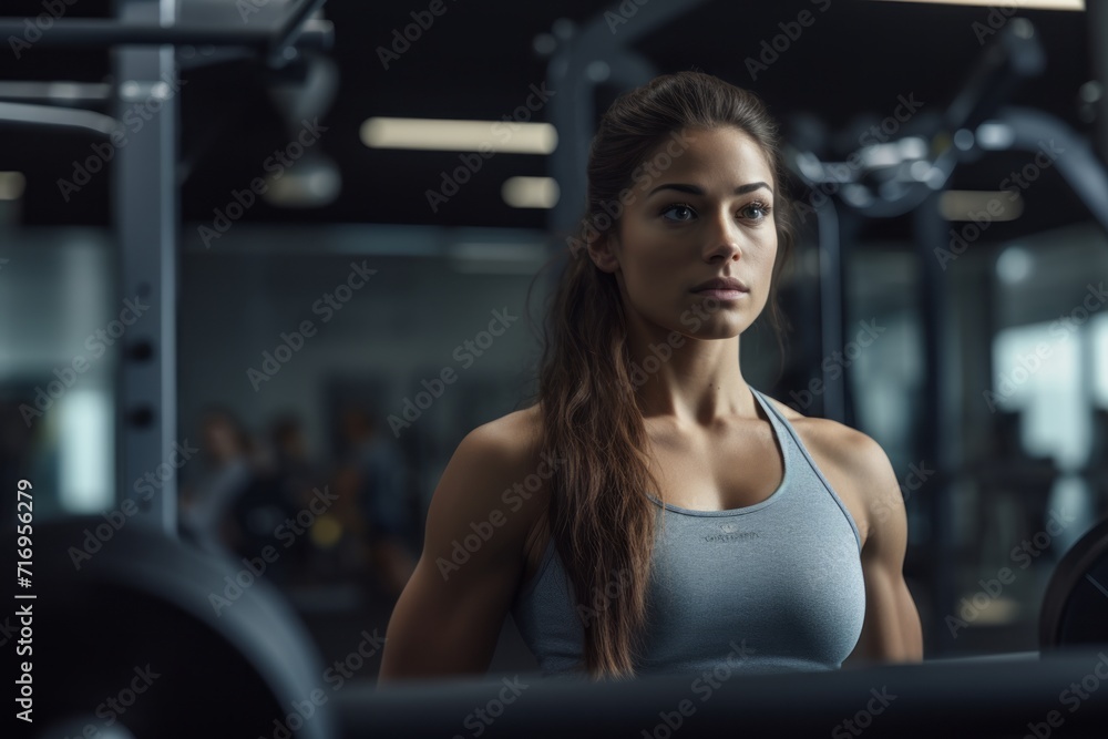 Fototapeta premium Portrait of a concentrated girl in her 30s practicing weight bench in a gym. With generative AI technology