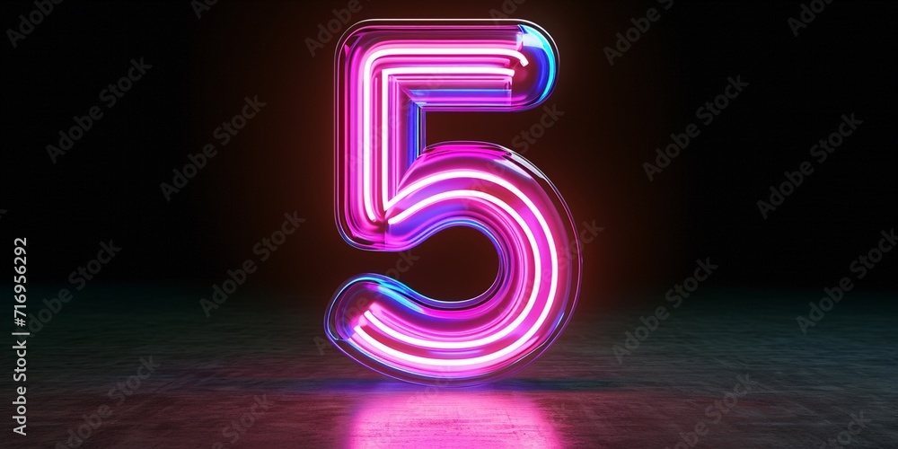 3d neon light number five glowing in the dark, pink blue neon light digital number 5, copy space. 3d neon light number five glowing in the dark, pink blue neon light digital number 5, copy space.