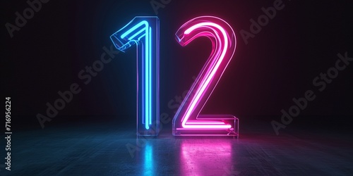 3d render, number twelve glowing in the dark, pink blue neon light, concept of 12 birthday.